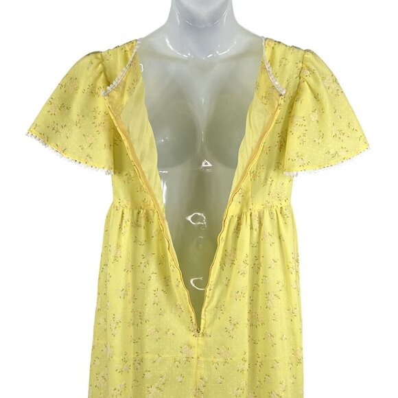 70s Yellow S Floral Textured Empire Waist Maxi Dress Flutter Sleeves Cottagecore - Picture 3 of 16
